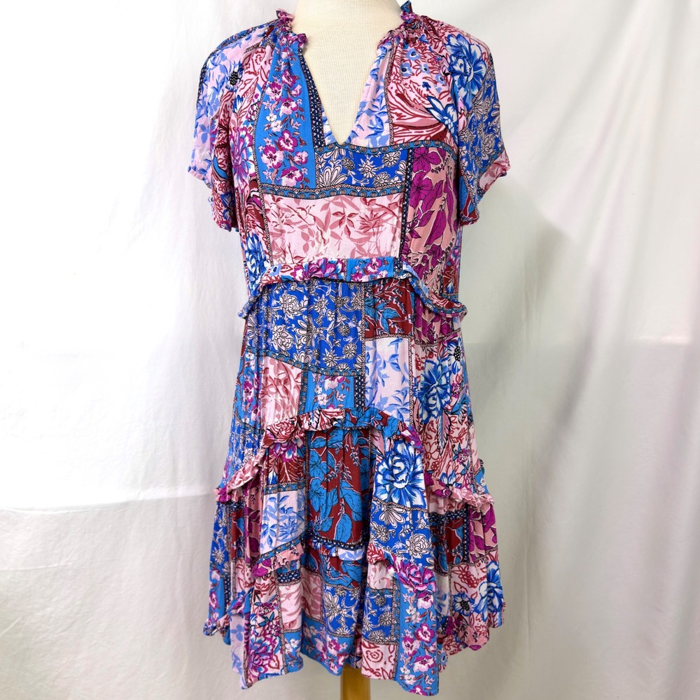 ANTHROPOLOGIE Robin Tiered Mini Dress Floral Patchwork XS Ruffle Boho Peasant